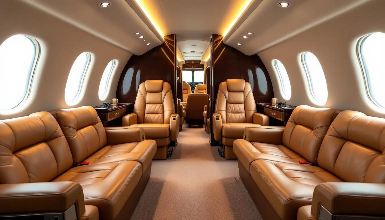 The image showcases the interior of a luxurious private jet, featuring plush seating and elegant decor that emphasizes comfort and sophistication. This private aviation experience is designed for discerning customers who value convenience and style while flying.