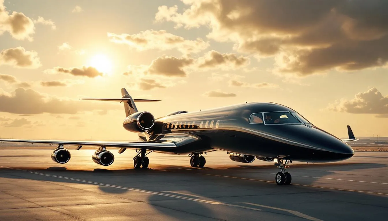 The image showcases a sleek ultra long range private jet parked at a private terminal, highlighting its spacious cabin and luxurious design. This aircraft represents the pinnacle of private jet travel, ideal for business executives and private jet travelers seeking flexible scheduling and exceptional service.