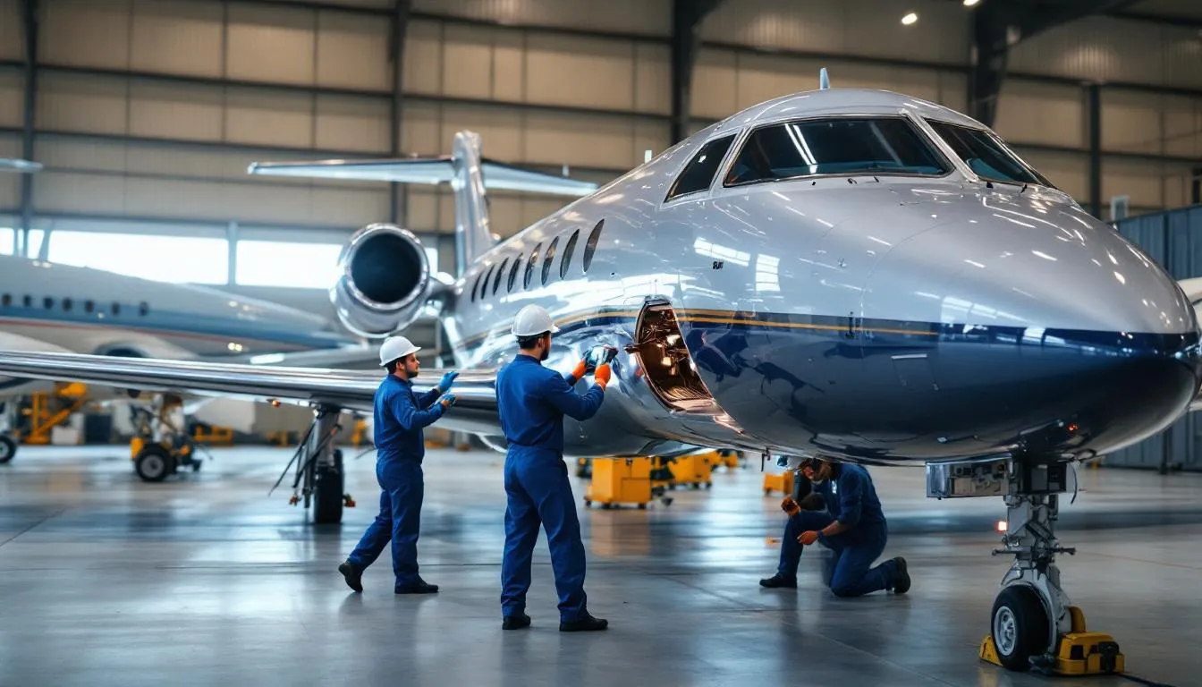 The image depicts a skilled flight crew conducting aircraft maintenance on a private jet, specifically a Phenom 300, ensuring the highest standard of safety and quality for upcoming flights. This scene illustrates the critical duties of pilots and maintenance teams in the aviation industry, highlighting the importance of reliable service for passengers and cargo.