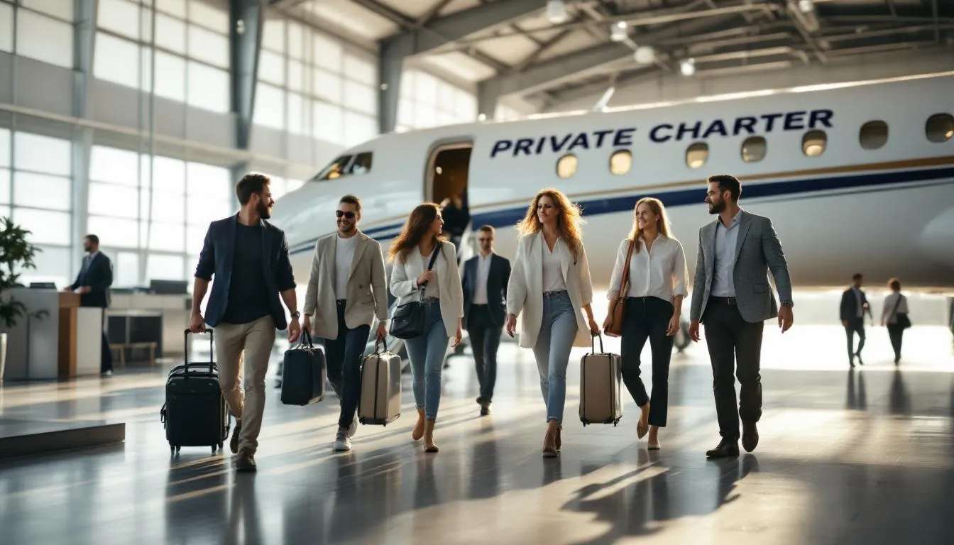 The image depicts a sleek charter plane ready for takeoff, highlighting the benefits of public charter flights, which offer a more exclusive travel experience with fewer passengers compared to commercial flights. This aircraft symbolizes the convenience and comfort of flying privately, catering to specific groups and popular destinations.