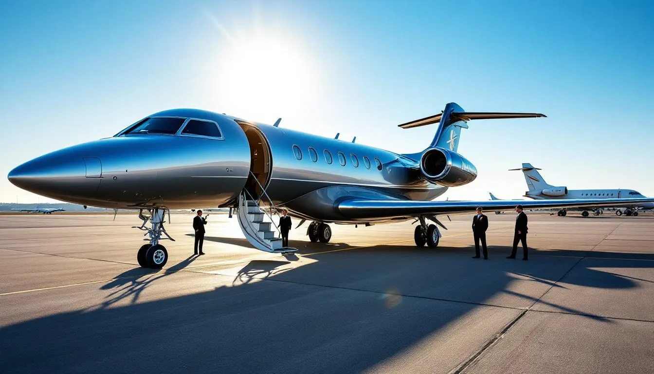The image depicts a luxurious private jet soaring through a clear blue sky, representing the ultimate in private aviation and charter flights. This private jet offers an exclusive travel experience, providing passengers with increased privacy and comfort compared to commercial flights.