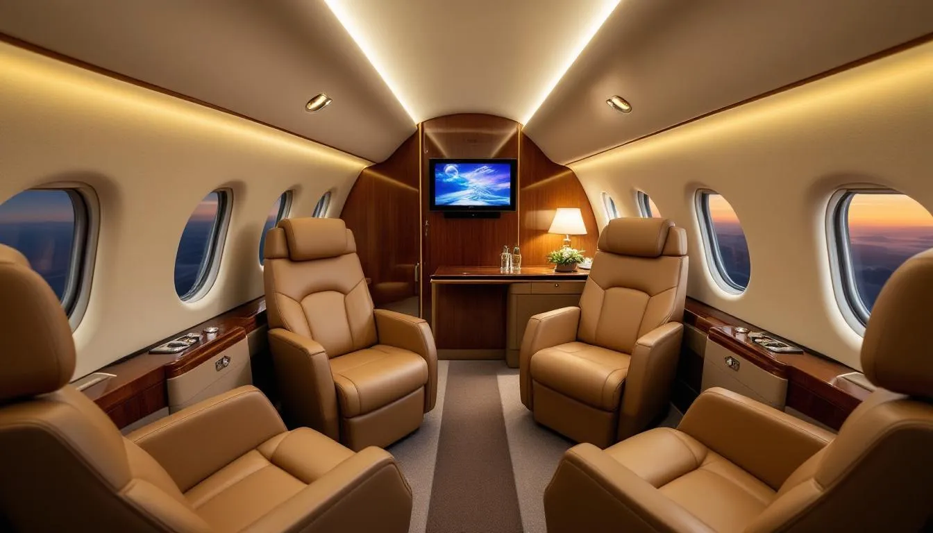 The image depicts a luxurious private jet ready for charter, showcasing its sleek design and spacious cabin, ideal for discerning travelers seeking comfort and convenience in private jet travel. The private jet charter services offered ensure a seamless booking process and exceptional service for both business and leisure travel.