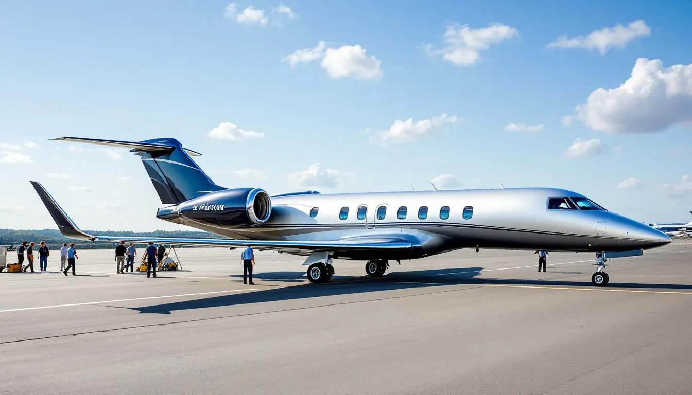 The image showcases a luxurious private jet, highlighting its spacious cabin and sleek design, ideal for private jet travelers seeking comfort and convenience. This aircraft represents the premium experience of private jet charters, offering personalized service and in-flight amenities for a seamless journey.