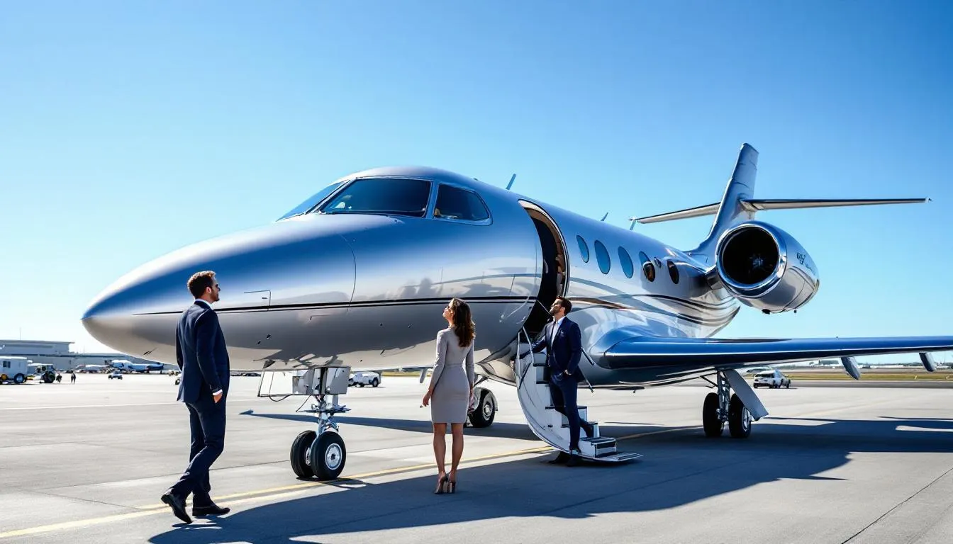 The image depicts a sleek private jet soaring through a clear blue sky, symbolizing the luxury and convenience of private jet travel. This visual captures the essence of charter flights, highlighting the exclusive experience provided by private aviation for travelers seeking efficiency and comfort.