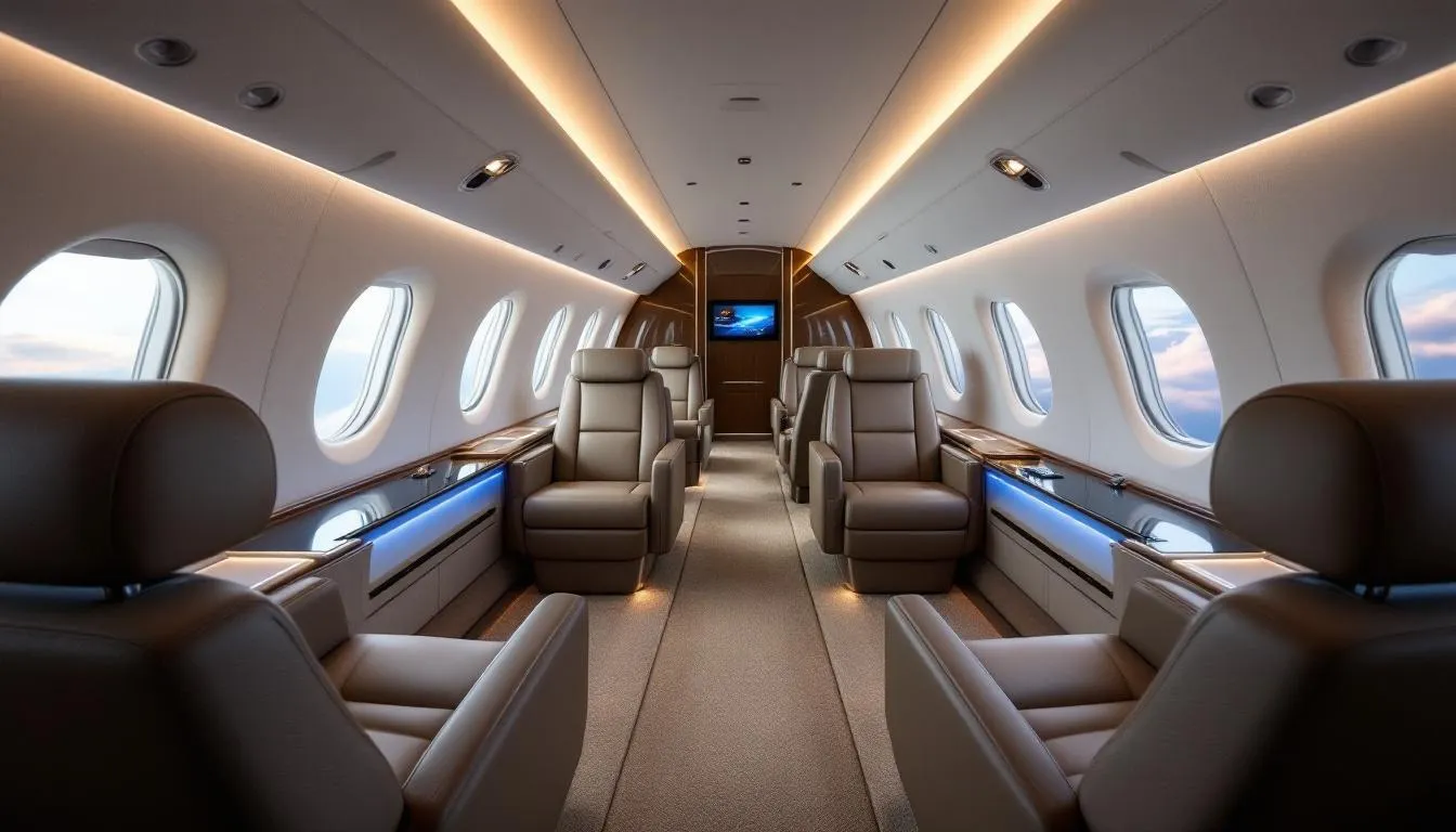The image showcases advanced technology in charter jets, highlighting the luxurious and spacious cabin of a private aircraft, designed for private jet travelers seeking an exceptional travel experience. It emphasizes the efficiency and comfort of private aviation, making it an ideal solution for business executives and leisure travelers alike.