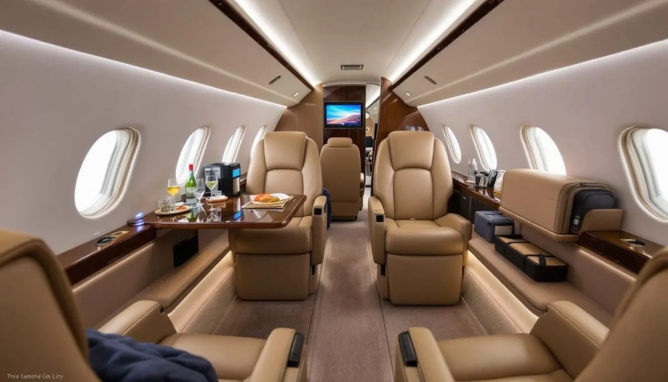 The image showcases luxurious private jet amenities and services, highlighting a spacious cabin equipped with modern comforts and in-flight options tailored for private jet travelers. This representation emphasizes the exclusive experience of private jet charters, offering exceptional service and flexible scheduling for both business and leisure travel.