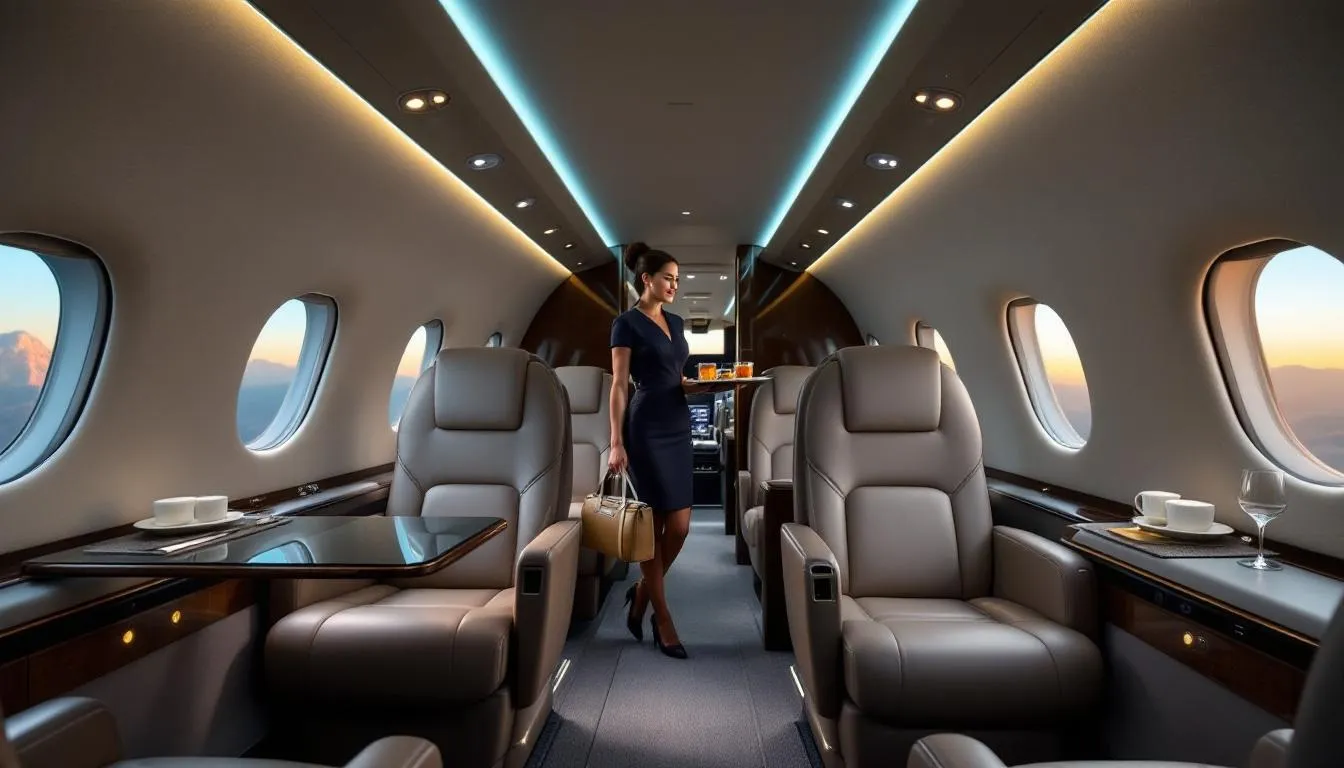 The image depicts a person booking a private jet charter online, showcasing a sleek interface that highlights various luxury private jets available for charter. The screen displays options for in-flight catering and flight details, emphasizing the convenience and personalized service associated with private aviation.