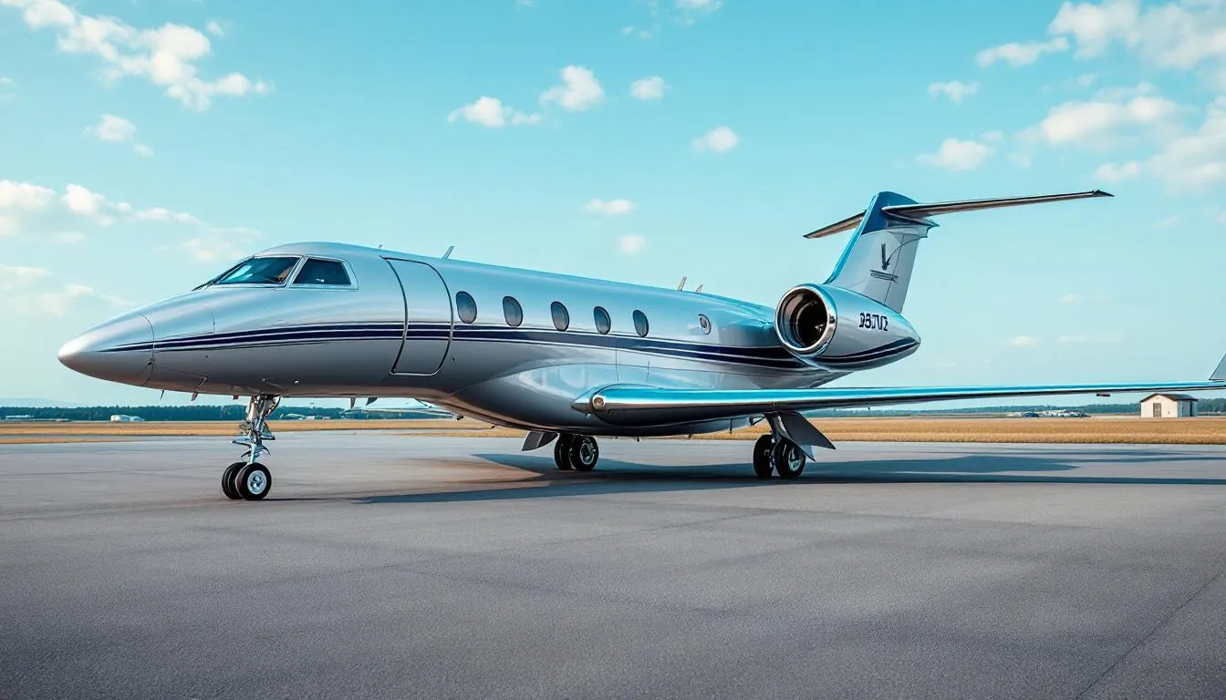 The image depicts a sleek private jet parked on the tarmac, highlighting the luxury and convenience of private jet charter services for business travel. This aircraft offers a spacious cabin and in-flight amenities, catering to private jet travelers seeking an exceptional travel experience.