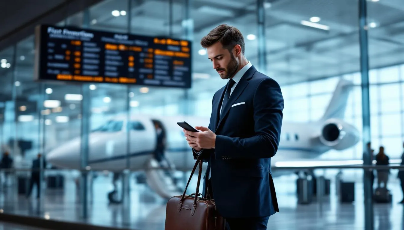 The image depicts a person booking a charter flight, showcasing a user-friendly interface on a laptop that highlights various private jets and flight details for both business and leisure travel. The scene emphasizes the convenience of private aviation, with options for exclusive access and flexible scheduling, providing a luxurious experience for travelers.