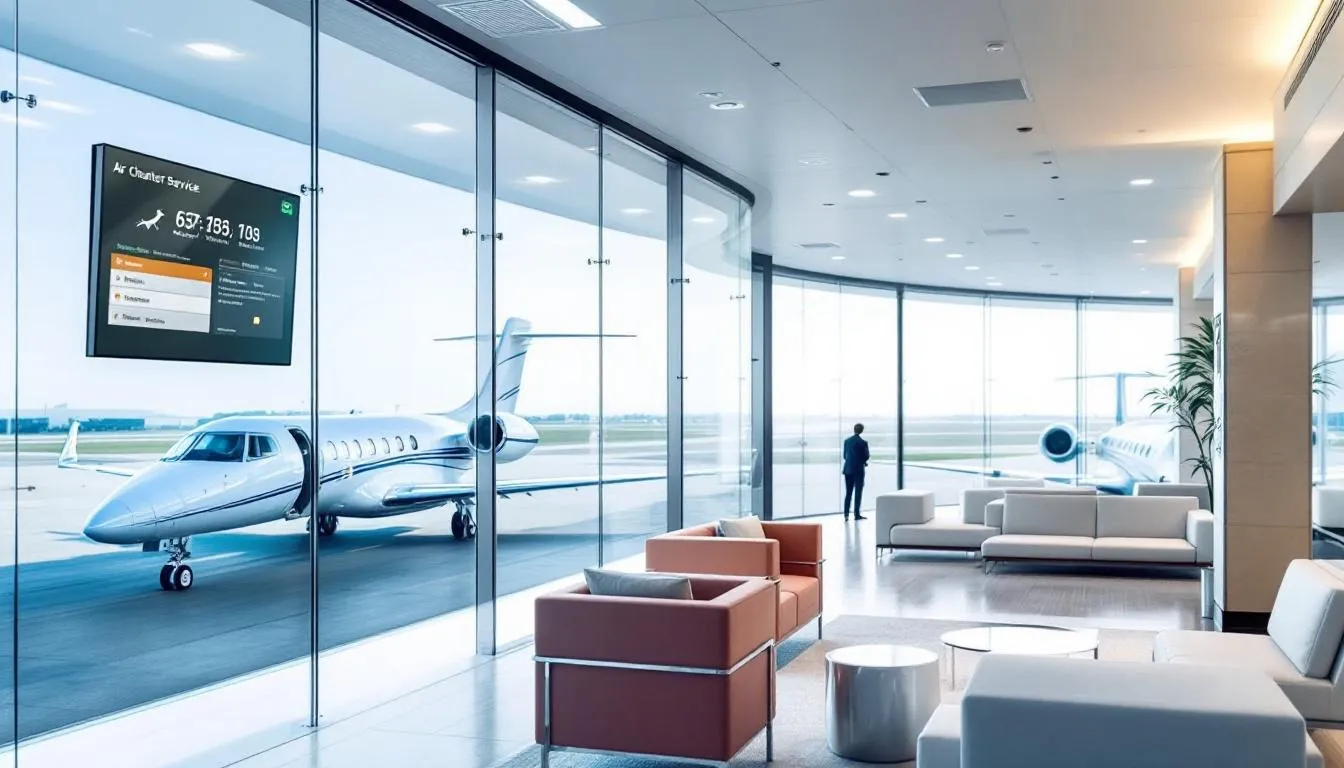 The image depicts a sleek private jet parked at a private terminal, showcasing the luxurious experience of air charter services for both business and leisure travel. This aircraft represents the exclusive access and convenience of private jet travel, offering a spacious cabin and the ability to fly on one's own schedule.