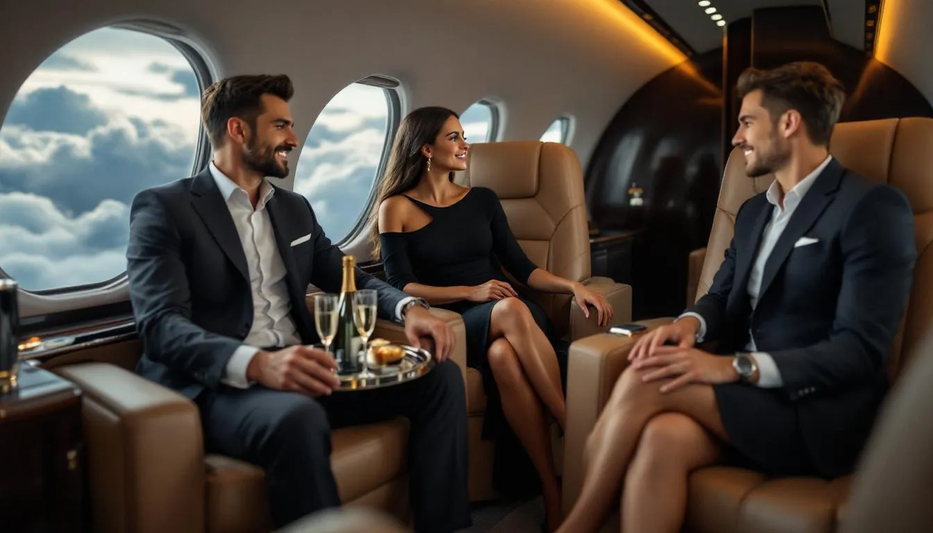 The image depicts a group of private jet travelers enjoying the luxury of private jet travel, showcasing the comfort and exclusivity of a private jet charter flight. They are seated in an elegantly designed cabin, highlighting the exceptional service and personal attention that comes with flying privately.