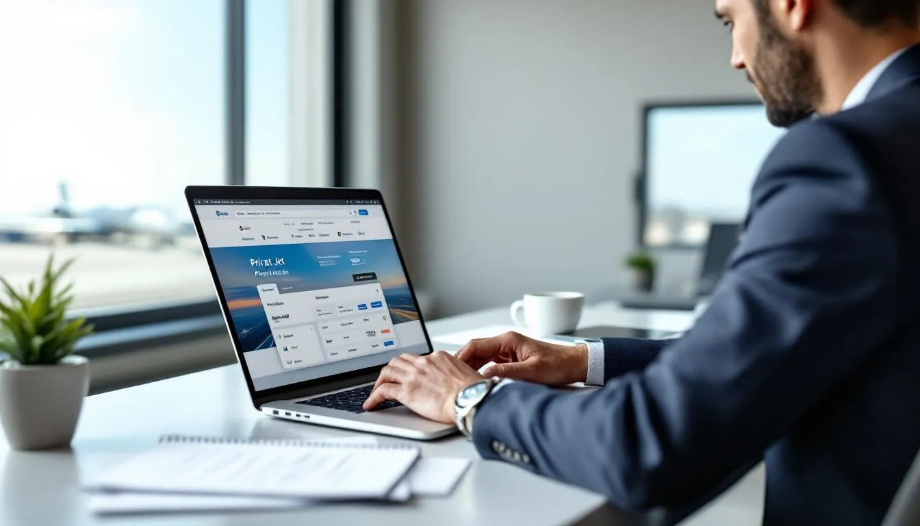 The image depicts a user-friendly interface for booking a Sacramento air charter flight, showcasing options for private aircraft and highlighting the benefits of aircraft management. Prominent features include a section for obtaining a free quote and information about highly experienced pilots ensuring safety and comfort for clients and passengers.