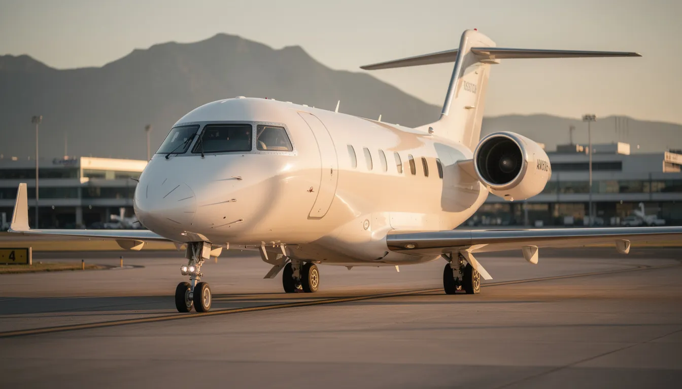 The image showcases a Bombardier Challenger 350, a luxurious super midsize jet known for its spacious cabin that accommodates up to eight passengers. Featuring advanced avionics like a synthetic vision system and multiscan weather radar, this aircraft is designed for optimal performance and comfort in private jet travel.