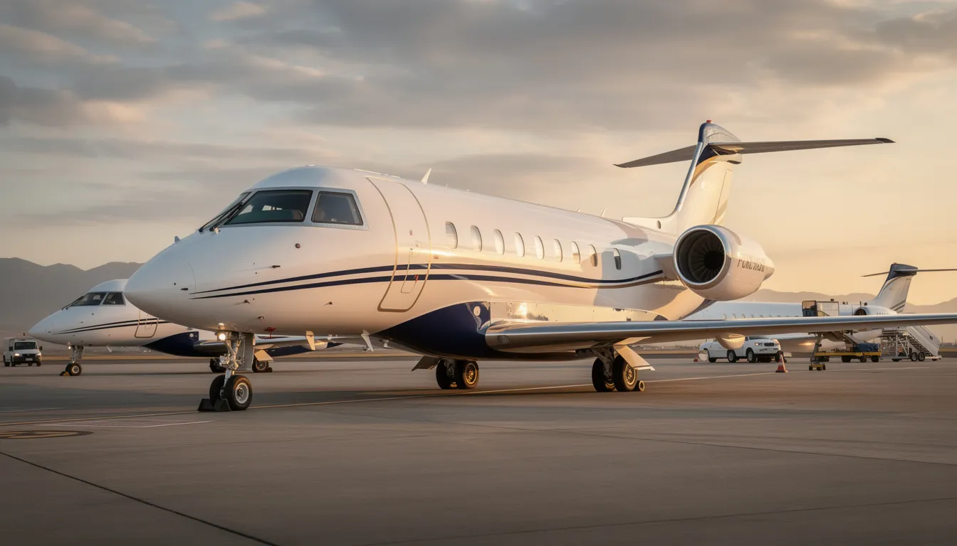 The image showcases a sleek super-midsize private jet designed for comfort and efficiency, capable of carrying up to 10 passengers. It features a spacious cabin with natural light, a well-equipped flight deck, and is ready to meet the demands of business travel, ensuring a smooth flight experience even in low visibility conditions.