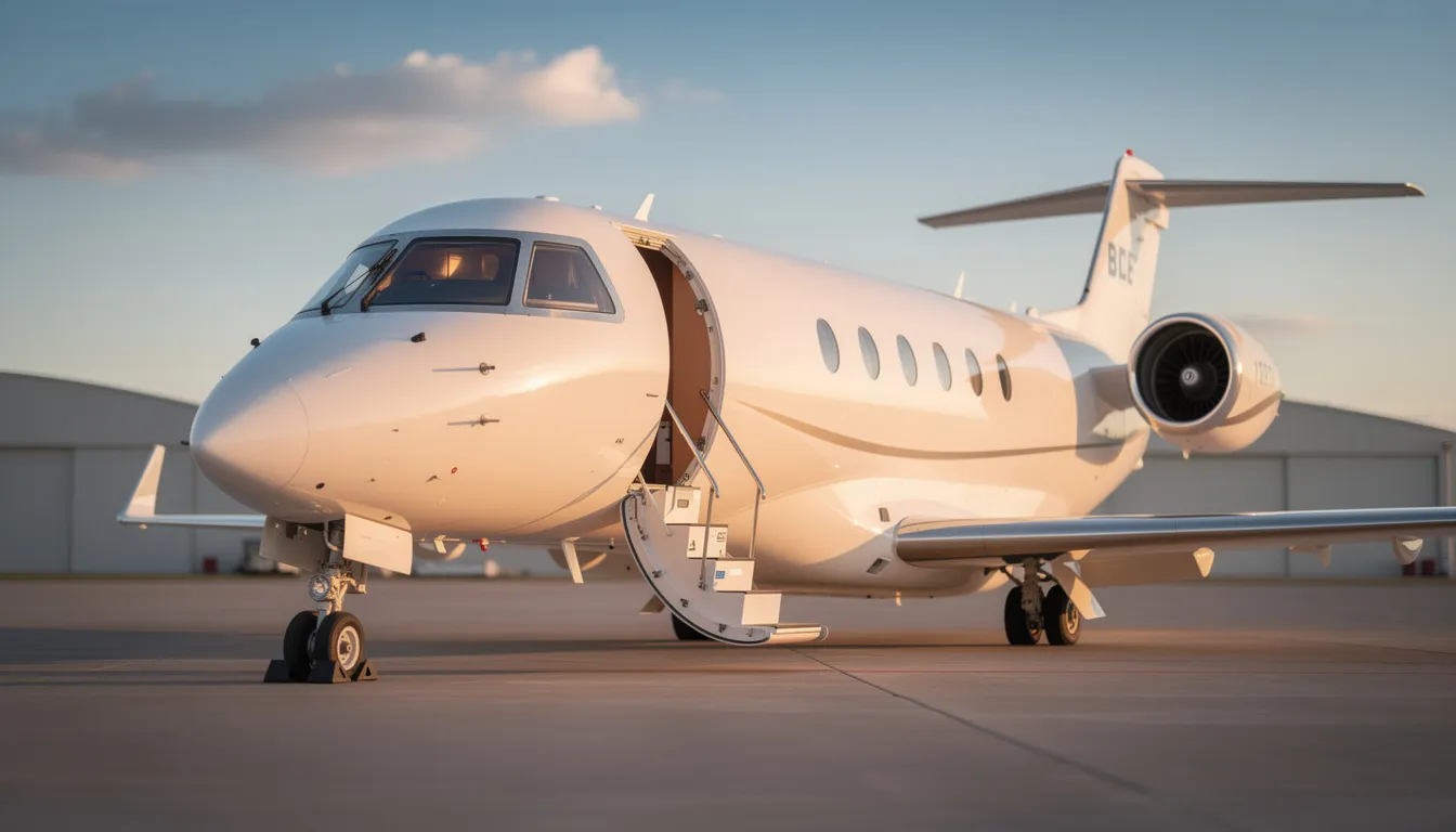 The image depicts a sleek private jet parked at a modern airport, symbolizing the convenience and luxury of private aviation. It highlights the option for affordable private jet flights, including empty leg flights that can significantly reduce travel costs for passengers.