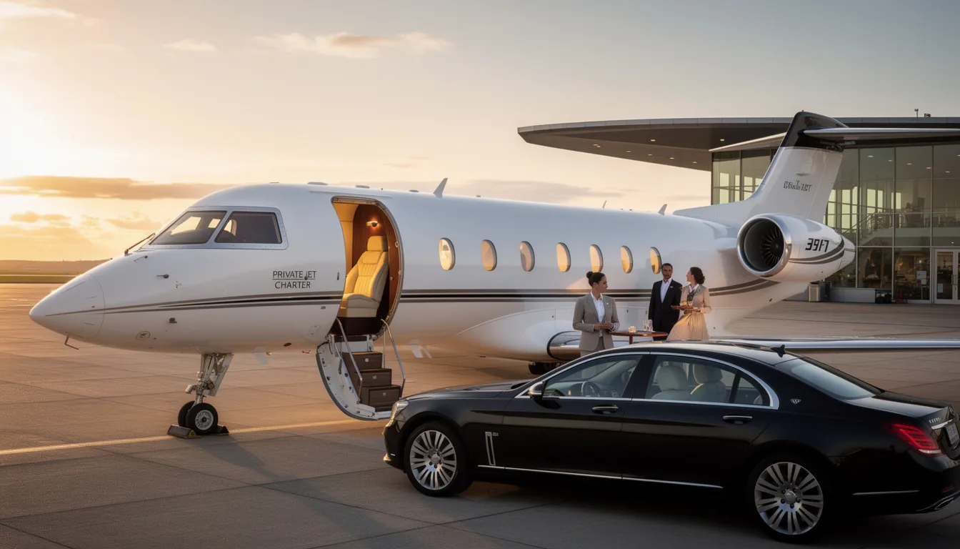 The image depicts a luxurious private jet ready for charter, showcasing its sleek design and spacious interior, ideal for urgent travel needs or last minute private jet deals. Passengers can enjoy the highest standards of service while saving valuable time on their journey.