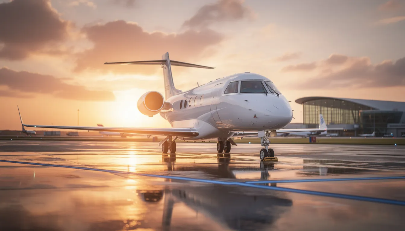 The image depicts a sleek private jet parked on a tarmac, symbolizing the luxury of private aviation. It highlights the benefits of private jet travel, including personalized service and flexible schedules, essential for those considering private jet leases or charters.