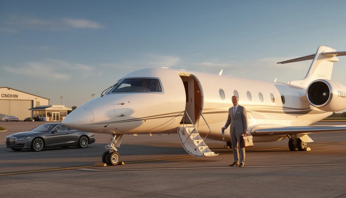 The image depicts a luxurious private jet parked on the tarmac, symbolizing the concept of aircraft ownership and private aviation. It highlights the benefits of private jet travel, including personalized service and flexible schedules, while also hinting at the various costs involved, such as maintenance fees and airport fees.