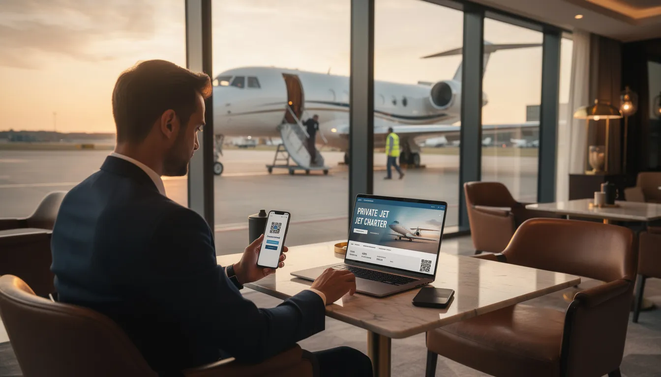The image depicts a user-friendly online platform for booking a private jet, showcasing options for private flights, including details on empty leg flights and charter flight services. It emphasizes the convenience of planning travel to popular destinations with luxurious private aviation options available 24/7.