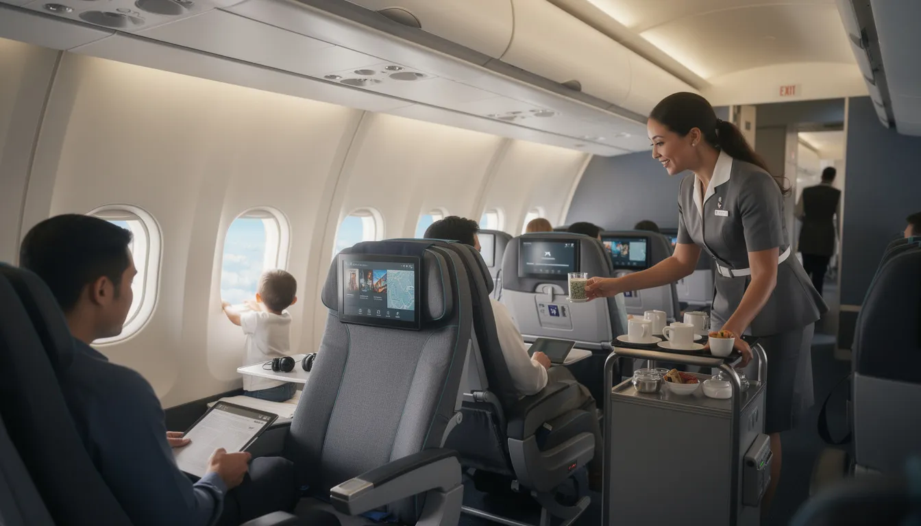 The image depicts a luxurious in-flight experience aboard a private jet, showcasing comfortable seating and high-end amenities designed for personalized services. Passengers are seen enjoying their journey with a dedicated team attending to their needs, highlighting the ease and comfort of private jet travel compared to commercial flights.