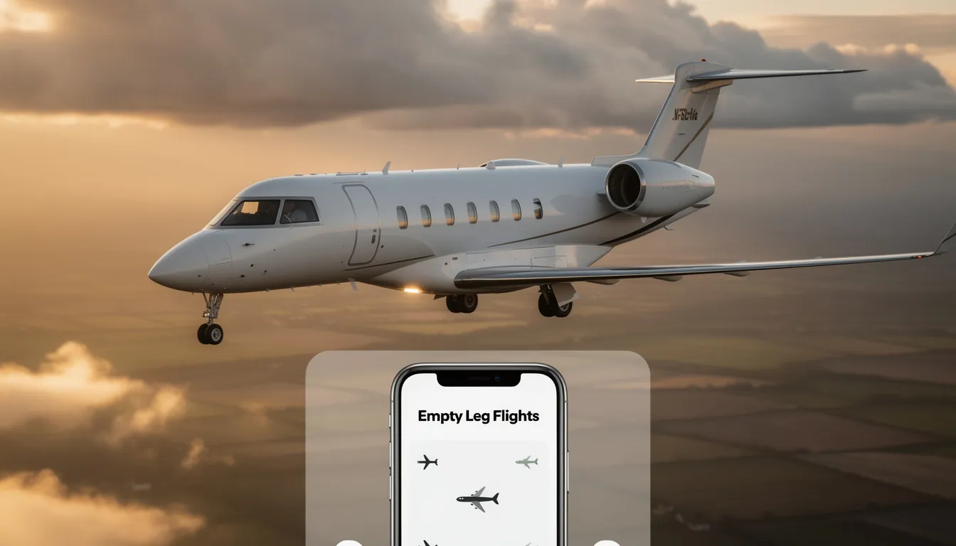 The image depicts a sleek private jet parked at a private terminal, highlighting the luxury and convenience of private aviation. It emphasizes the concept of empty leg flights, showcasing a cost-effective option for travelers looking to rent a private jet while enjoying in-flight amenities and personalized service.