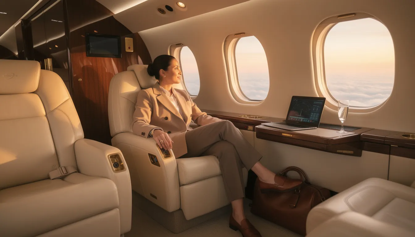 An image depicting a luxurious private jet soaring through a clear blue sky, showcasing the elegance of private aviation. This scene highlights the comfort and exclusivity of private jet travel, making it an ideal choice for those seeking a refined flying experience.
