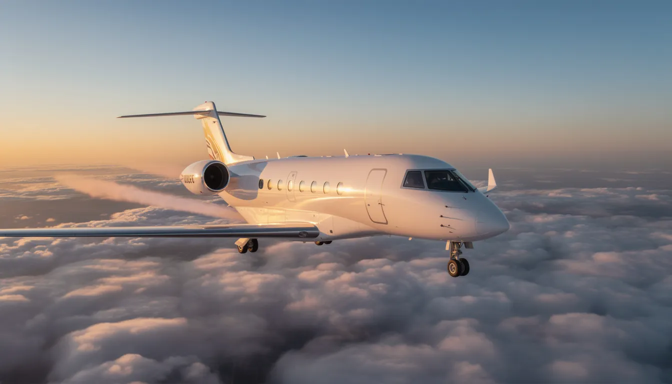 The image depicts a luxurious private jet on the tarmac, showcasing its sleek design and spacious exterior, ideal for private jet travel. This private aircraft represents the convenience of charter flights, offering in-flight amenities and flexible scheduling for passengers seeking a premium travel experience.