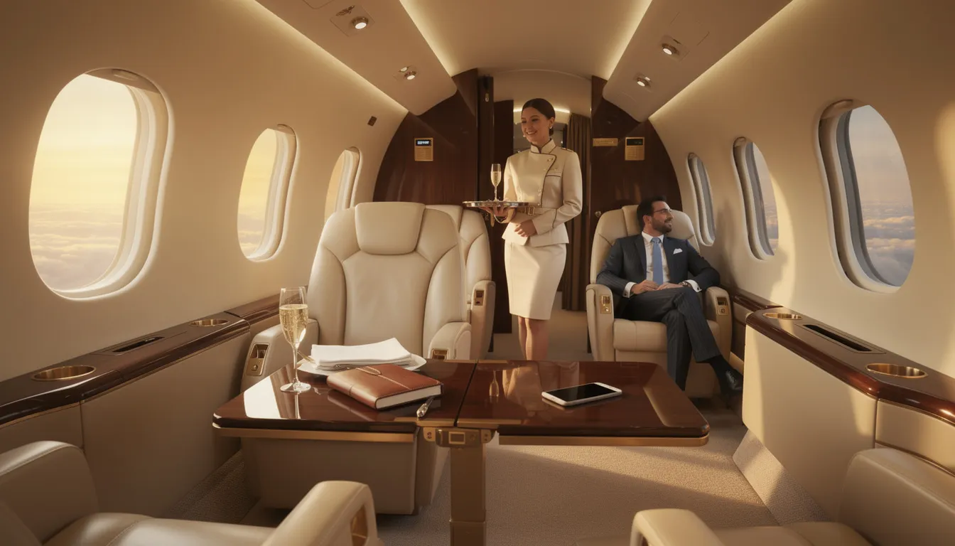 The image showcases a luxurious private jet interior, featuring spacious seating and elegant decor designed for discerning travelers. This private aviation experience offers a hassle-free travel experience with personalized service, ideal for business travelers and luxury travelers seeking a streamlined boarding process and direct flights to major cities.