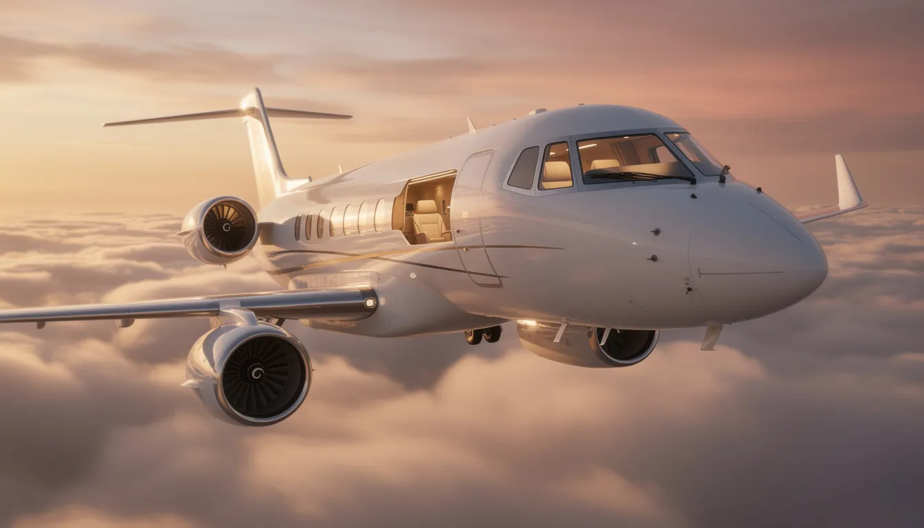 The image depicts a sleek private jet soaring through a clear blue sky, symbolizing the luxurious experience of private aviation. This visual encapsulates the allure of flying private, showcasing the comfort and exclusivity associated with private jet travel.