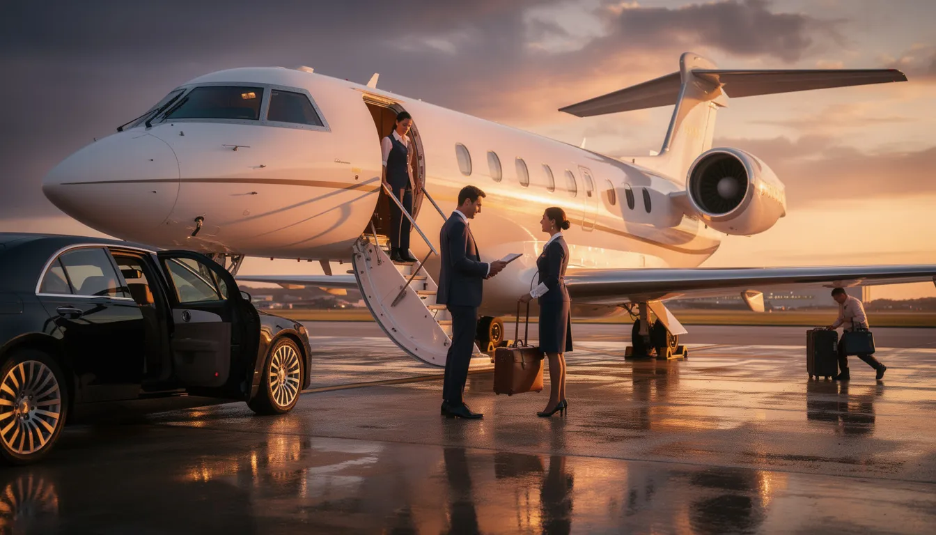 The image depicts a luxurious private jet parked on a tarmac, showcasing its sleek design and spacious cabin, highlighting the appeal of private jet travel. It symbolizes the convenience and exclusivity of private jet charter services, with a focus on the comfort and efficiency that comes with renting a private jet for both domestic and international flights.