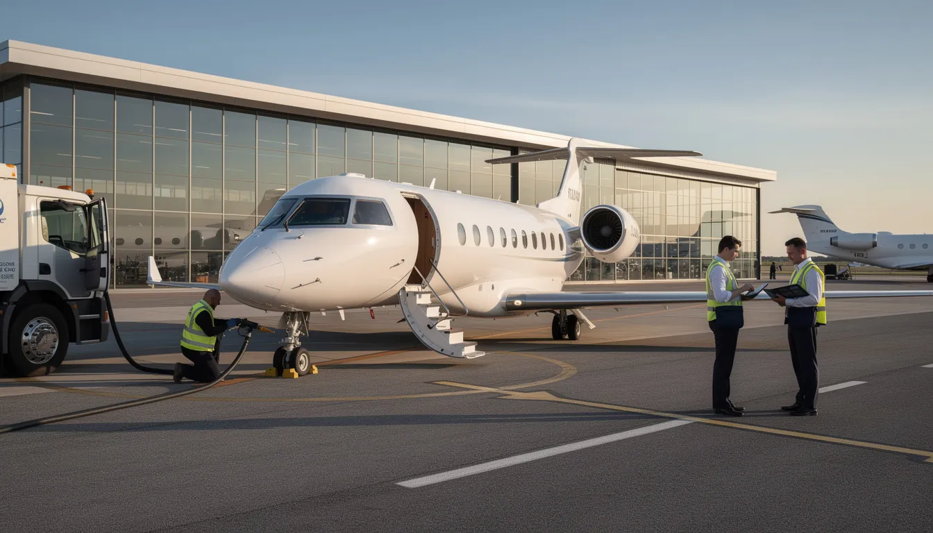 The image depicts a modern private jet on the tarmac, showcasing various aircraft types, including very light jets and midsize jets. This visual highlights the aircraft management services essential for private jet ownership, emphasizing the costs associated with private aviation, such as maintenance and operational expenses.