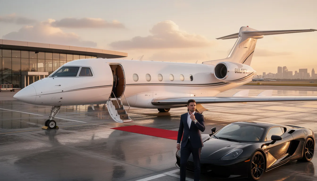 The image depicts a luxurious private jet parked at a private terminal, highlighting the elegance of private aviation. It illustrates the benefits of private jet travel, such as avoiding commercial airlines and accessing smaller airports, while also suggesting the various costs involved, including private jet charter pricing and airport fees.