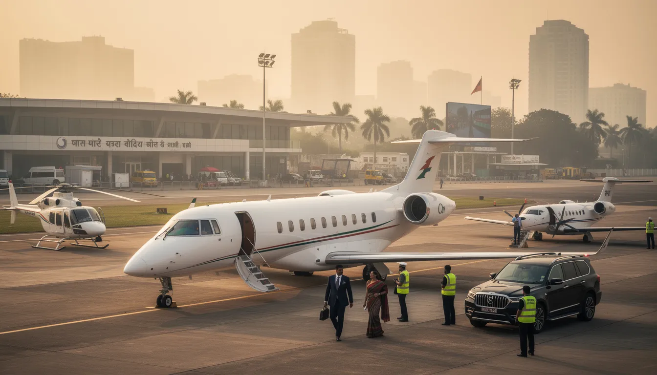 The image depicts a luxurious private jet parked at a private terminal in India, showcasing the elegance of private aviation. It highlights the convenience of private jet travel, including aspects like charter flight pricing, aircraft availability, and the ability to access smaller airports for a more personalized travel experience.