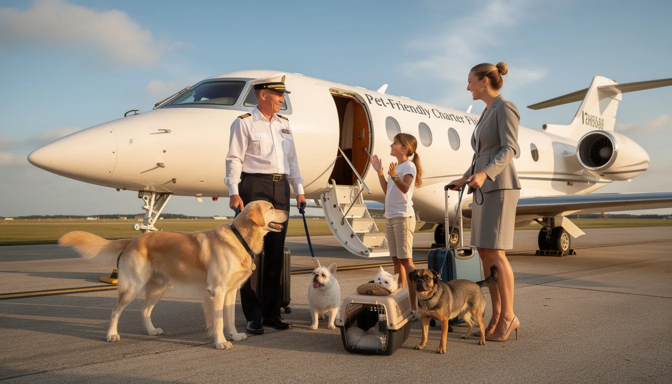 The image depicts a happy dog sitting comfortably in a private jet cabin, showcasing the pet-friendly environment of charter flights. With spacious seating and a welcoming atmosphere, this private aviation experience ensures both passengers and their furry companions enjoy a seamless journey to their next destination.