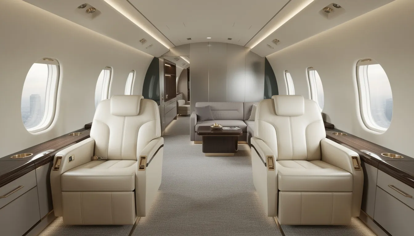 The image showcases a luxurious private jet cabin designed for maximum passenger comfort, featuring lavish interiors that resemble a flying palace. This bespoke space includes amenities such as a private office and a conference room, emphasizing the opulence associated with private jet ownership in the private aviation industry.