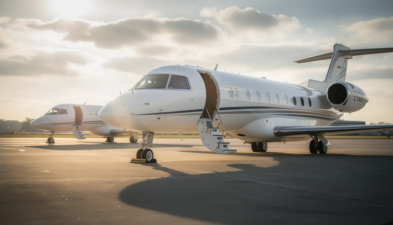 The image showcases a sleek midsize jet parked on a tarmac, ready for a private jet trip. This aircraft type is ideal for travelers looking for efficient private jet travel between major destinations like Los Angeles and San Francisco, offering comfortable flight durations and accommodating a passenger count suitable for business or leisure trips.