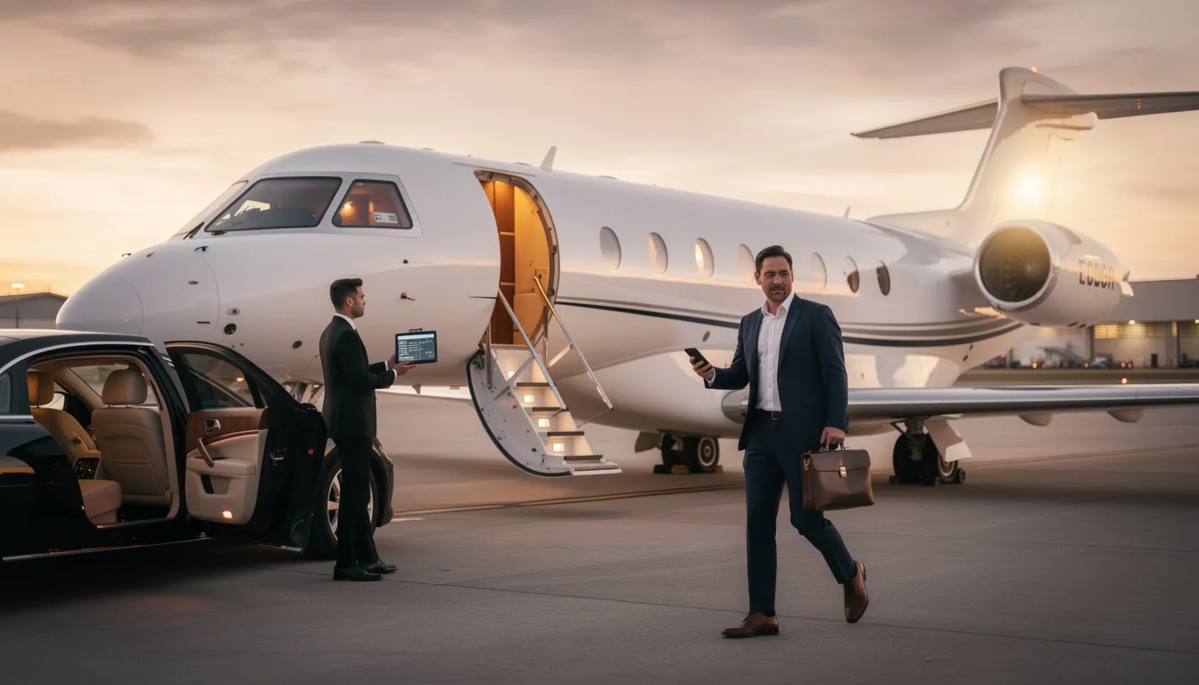 The image depicts a sleek private jet ready for takeoff at a private airport, showcasing its luxurious amenities and spacious cabin. This scene highlights the convenience of private jet travel, emphasizing the ease of chartering a private jet for both domestic and international flights.