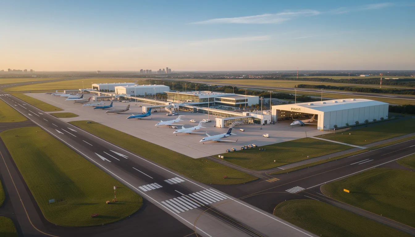 The image showcases a private airport, featuring sleek private jets parked on the tarmac, ready for private jet travel. Surrounding the aircraft are luxurious amenities and ground transportation options, emphasizing the exclusive nature of private aviation.
