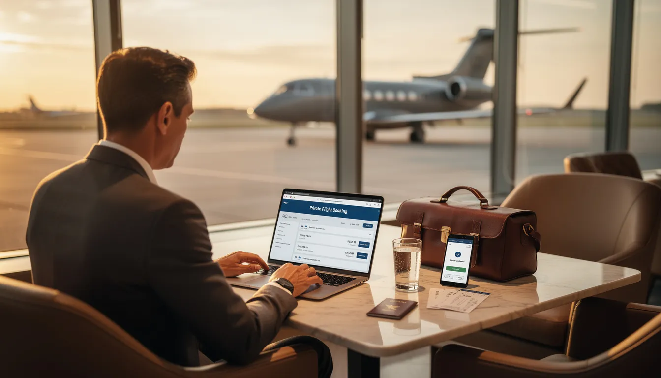 The image depicts a luxurious private flight booking experience, showcasing a spacious cabin of a private jet, where a business traveler is consulting with a dedicated team to arrange their next journey. This hassle-free travel experience emphasizes the benefits of private aviation, including avoiding long security lines and enjoying personalized service for a seamless travel experience to exclusive destinations.