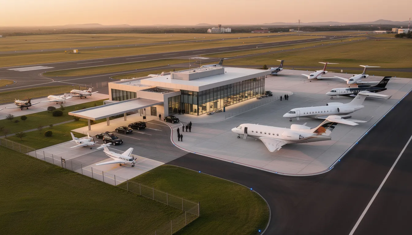 The image depicts a private airport with sleek private jets parked at a modern terminal, showcasing the luxury of private aviation. This setting highlights the convenience of private jet travel, offering exclusive access to charter flights and amenities tailored for discerning travelers.