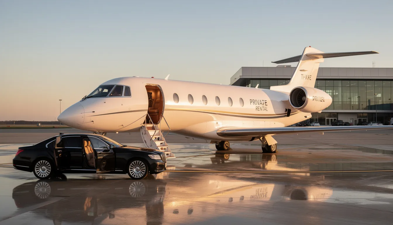 The image depicts a sleek private jet on the tarmac, showcasing the luxurious design typical of private jet rentals. This visual represents the high-end experience of private jet travel, emphasizing the comfort and exclusivity associated with private jet charter services.