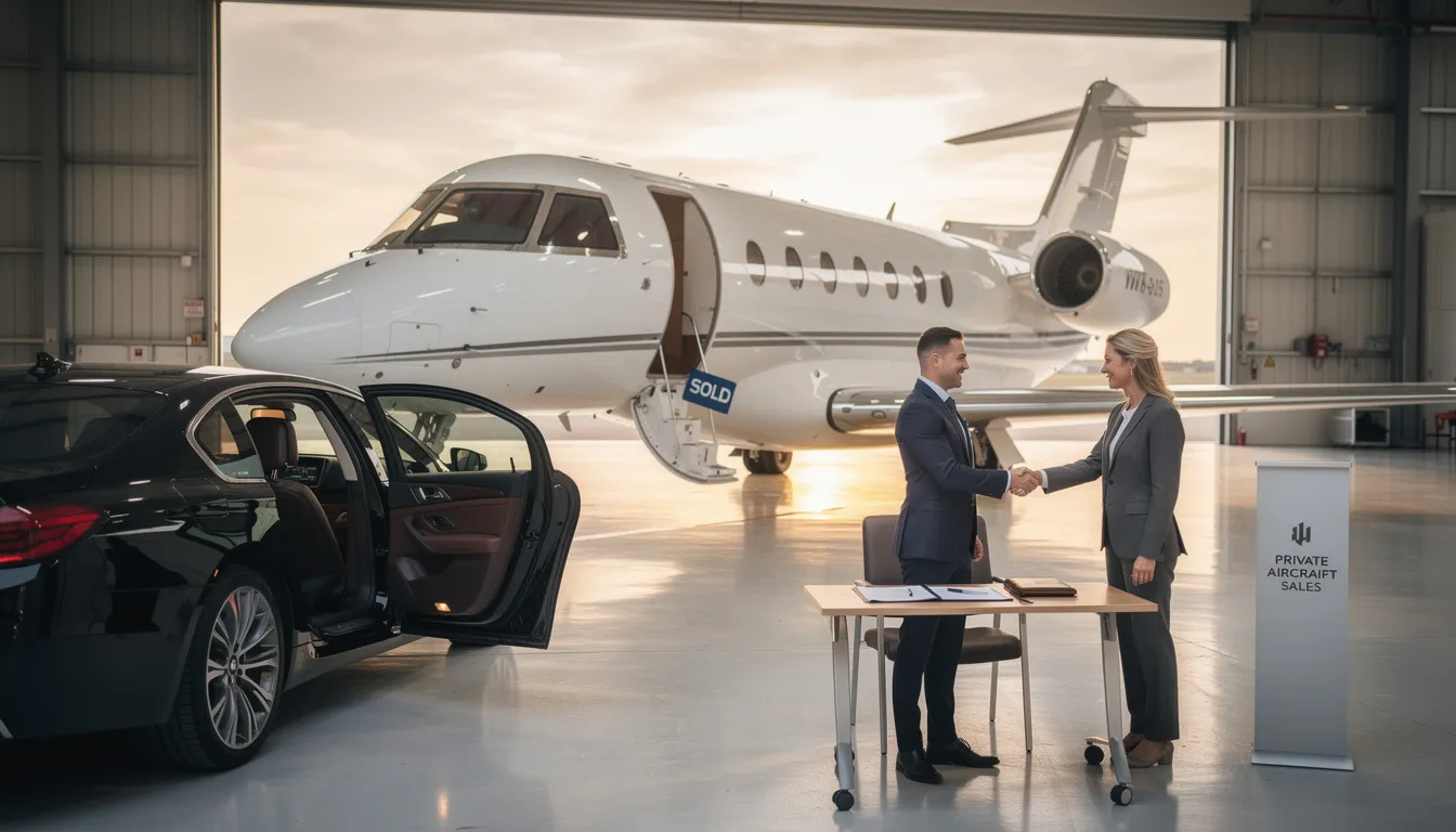 The image depicts a sleek private jet parked at a regional airport, showcasing its spacious cabin and modern entertainment systems, symbolizing the luxury of private aircraft ownership. It illustrates the concept of flying private, emphasizing the significant initial purchase price and ongoing costs associated with maintaining a private jet.