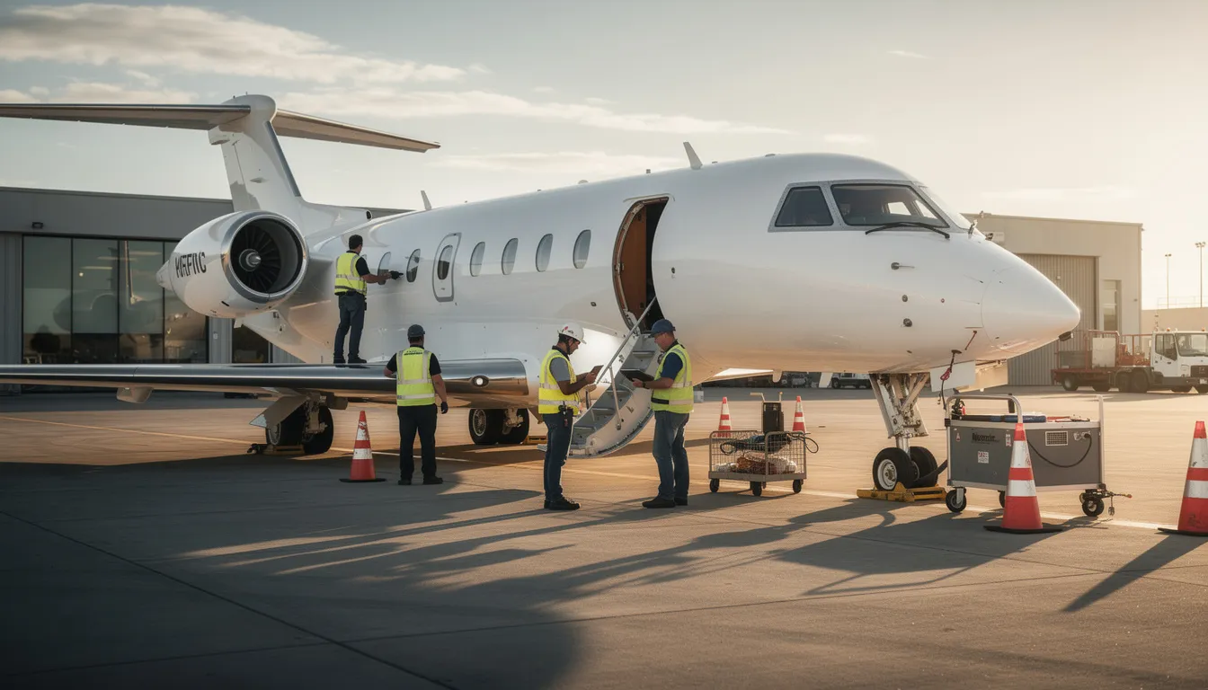 A person is inspecting a sleek private jet, focusing on its exterior and features, showcasing the luxury and reliability associated with private aviation. The scene highlights the attention to detail and quality that potential buyers look for in aircraft listings for sale.