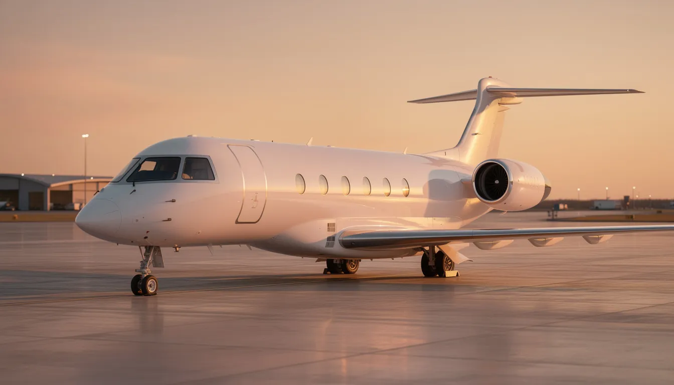 The image features a sleek large cabin jet, showcasing its elegant design and spacious interior, ideal for private aviation. This luxurious aircraft is perfect for business travelers, offering comfort and reliability for those looking to explore the skies.