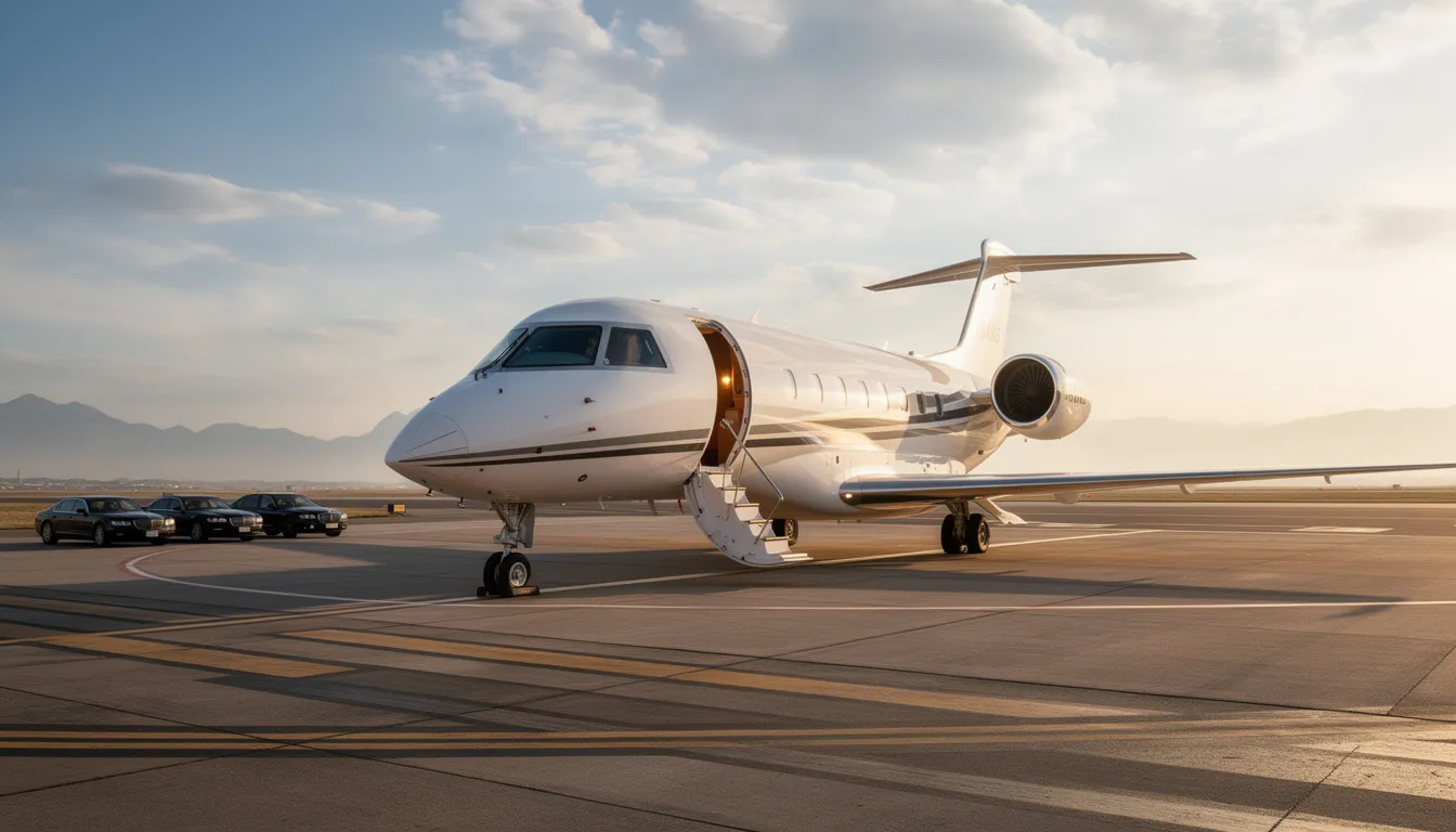 The image depicts a luxurious private jet parked on a runway, showcasing the elegance of private aviation. This aircraft represents the high-end lifestyle associated with flying private, catering to business executives and aspirational consumers seeking exclusive travel experiences.