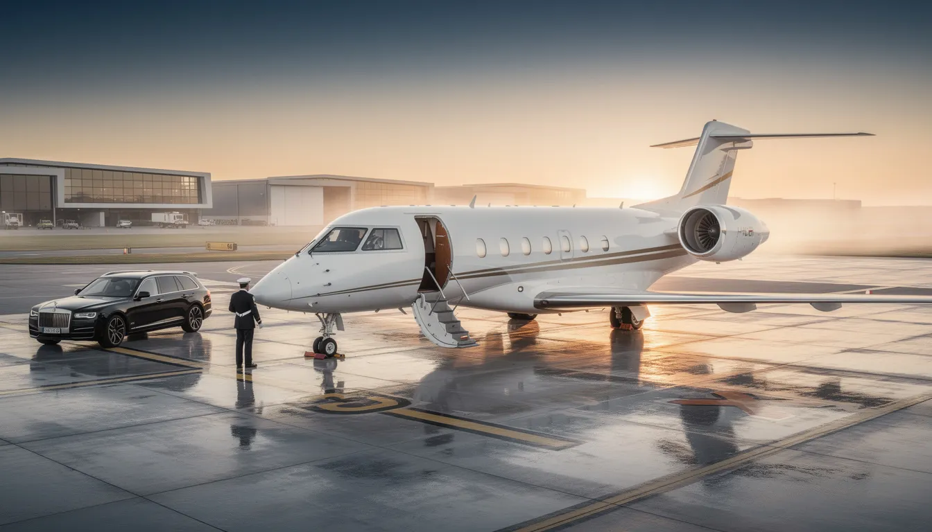 The image depicts a sleek modern jet from a private aviation company, showcasing their commitment to excellence and safety in aircraft management. The aircraft is parked at a private airport, symbolizing exclusive access and high-quality member experiences in the world of private flying.