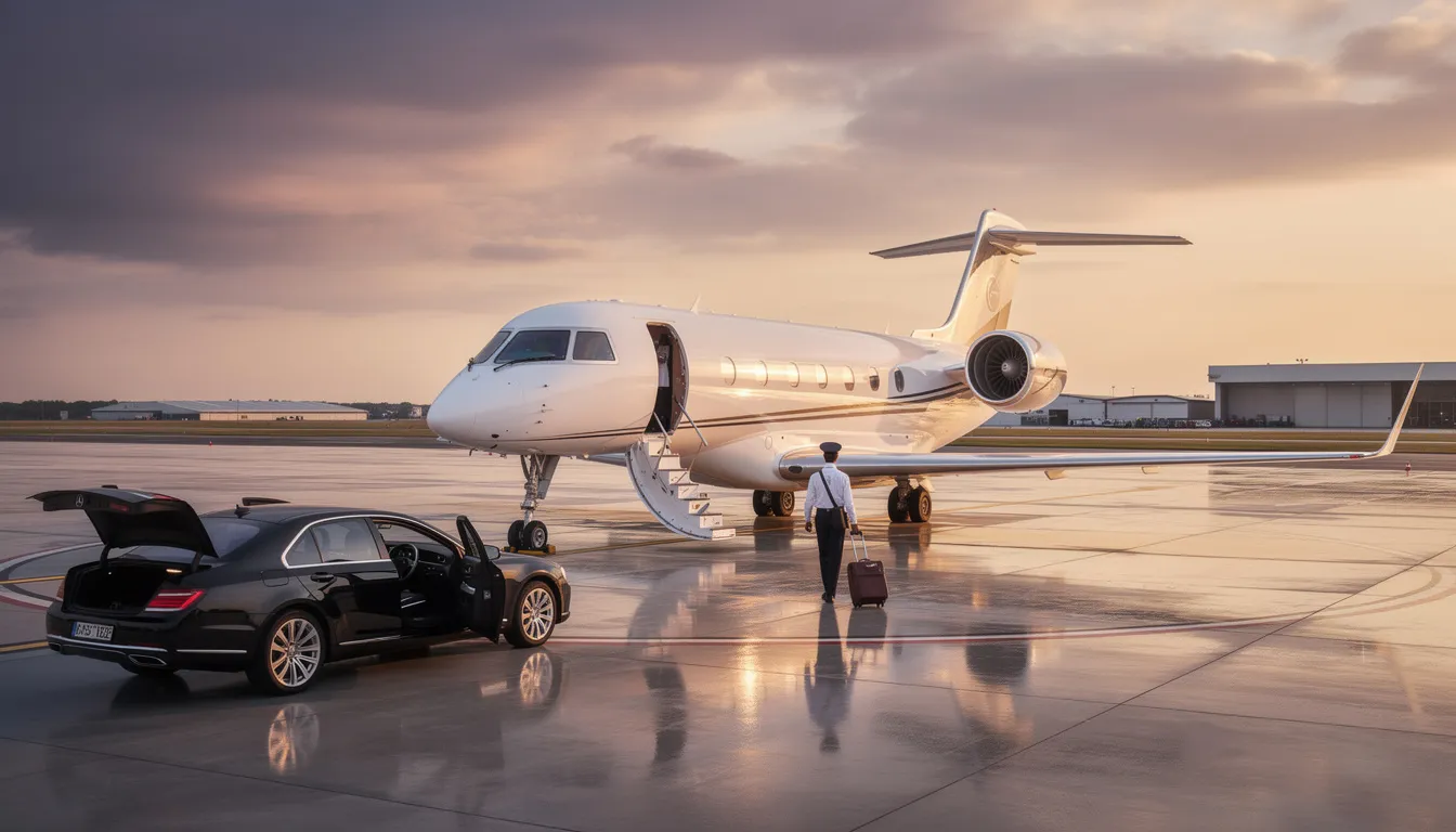 The image depicts a sleek modern jet from a private aviation company, showcasing their commitment to excellence and safety in aircraft management. The aircraft is parked at a private airport, symbolizing exclusive access and high-quality member experiences in the world of private flying.