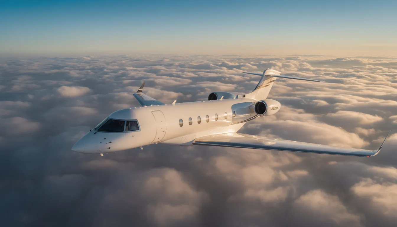 The image depicts a sleek, modern private jet, symbolizing luxury and convenience in business air travel. With its innovative design and the promise of outstanding service heritage, it represents the commitment of companies like Sentient Jet to provide a thoughtful and safe flying experience for their clients.
