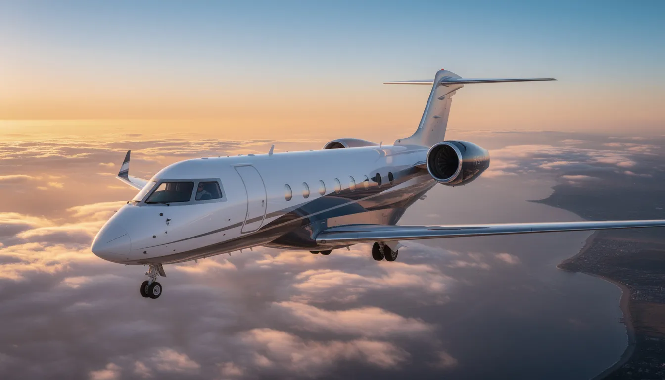 The image depicts a sleek, modern private jet, symbolizing luxury and convenience in business air travel. With its innovative design and the promise of outstanding service heritage, it represents the commitment of companies like Sentient Jet to provide a thoughtful and safe flying experience for their clients.