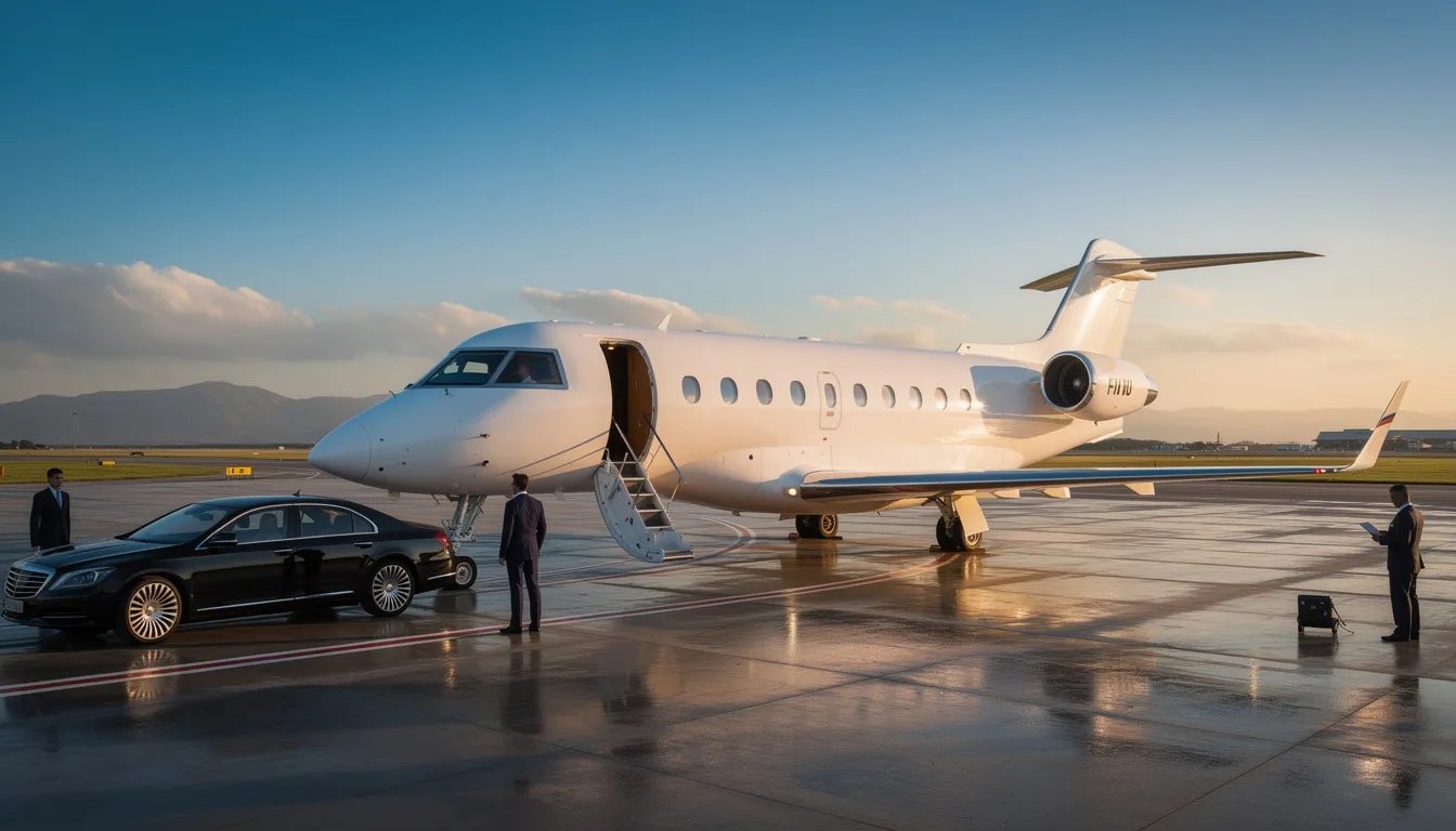 The image depicts a luxurious private jet parked on a tarmac, showcasing its sleek design and spacious cabin, highlighting the appeal of private aviation. This visual emphasizes the convenience and exclusivity of private jet programs, including notable jet card providers like Marquis Jet, which offer guaranteed access and flexible flight options for discerning travelers.